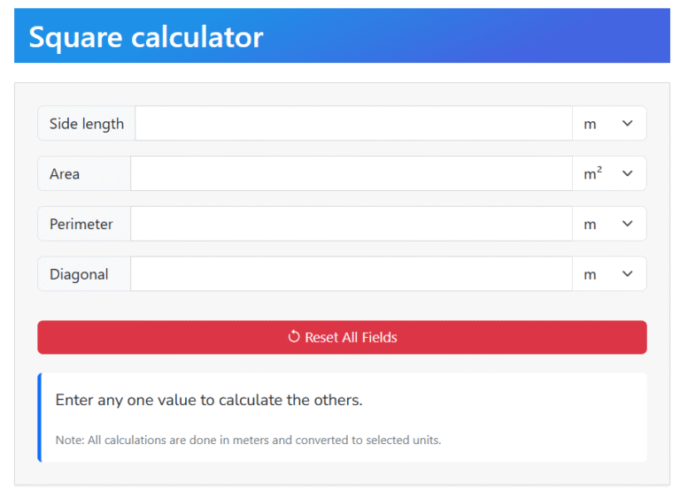 square calculator- calculate area, diagonal and perimeter